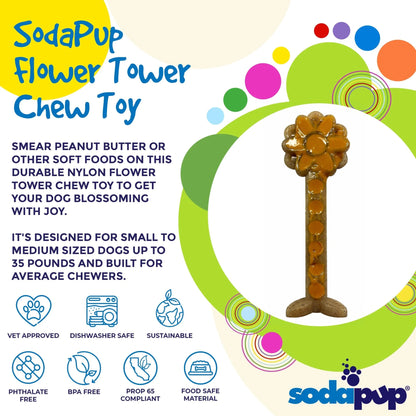 SodaPup Flower Tower dog chew toy packaging showing BPA-free and dishwasher safe features