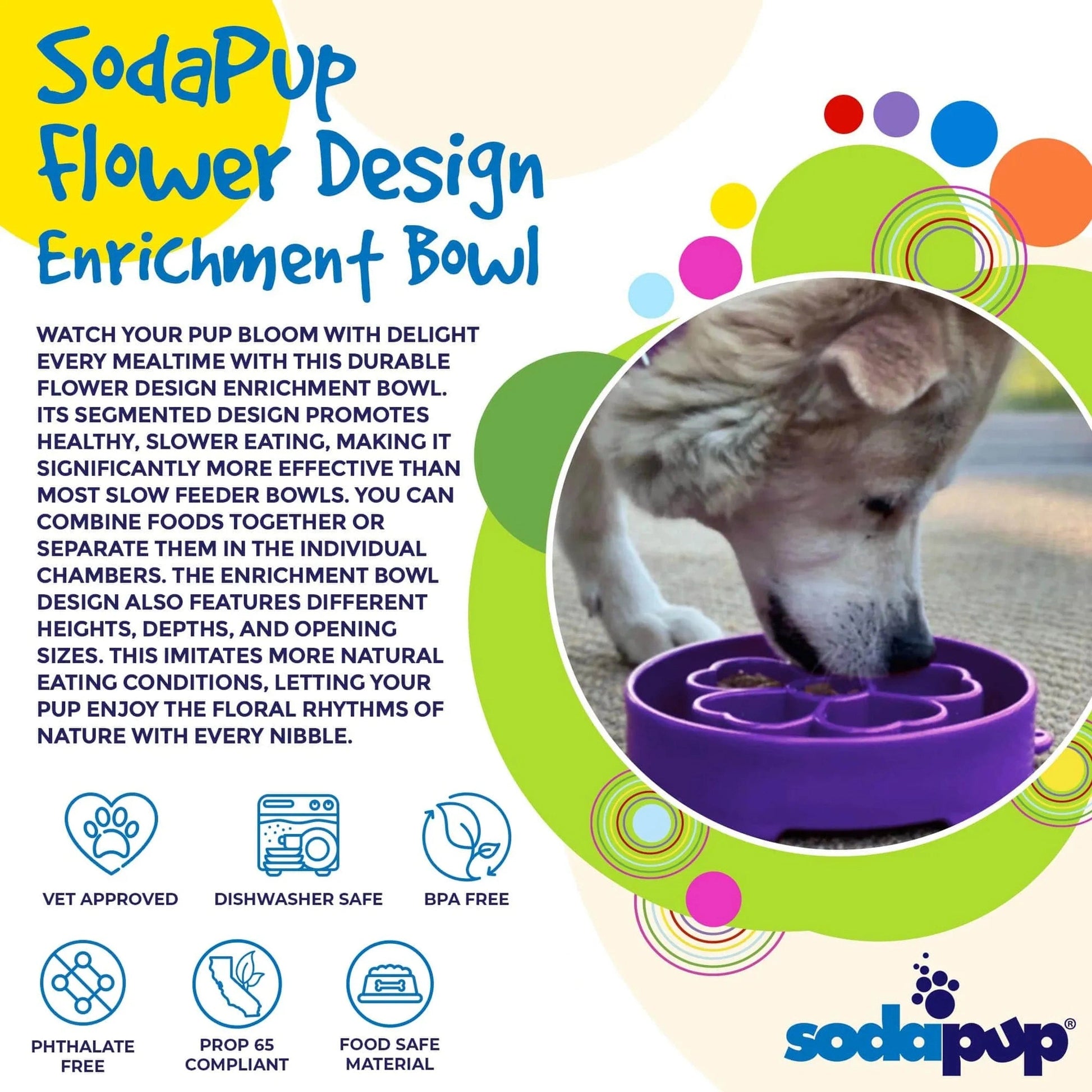 Light dog using purple SodaPup flower design anxiety relief bowl