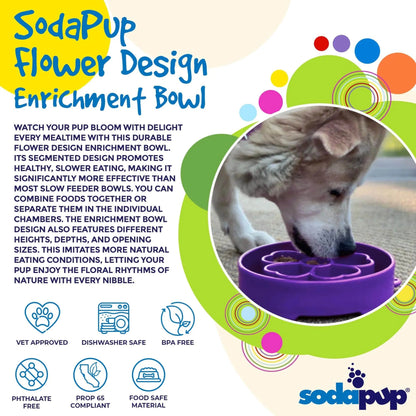 Light dog using purple SodaPup flower design anxiety relief bowl