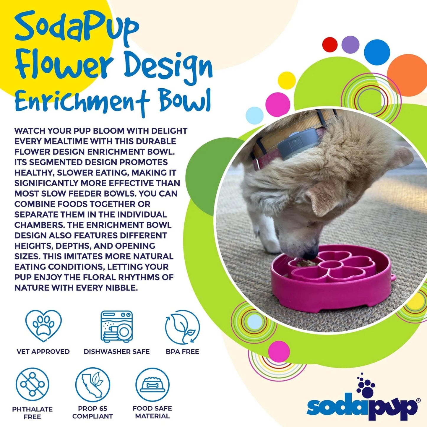 Dog eating from pink SodaPup flower enrichment slow feeder bowl