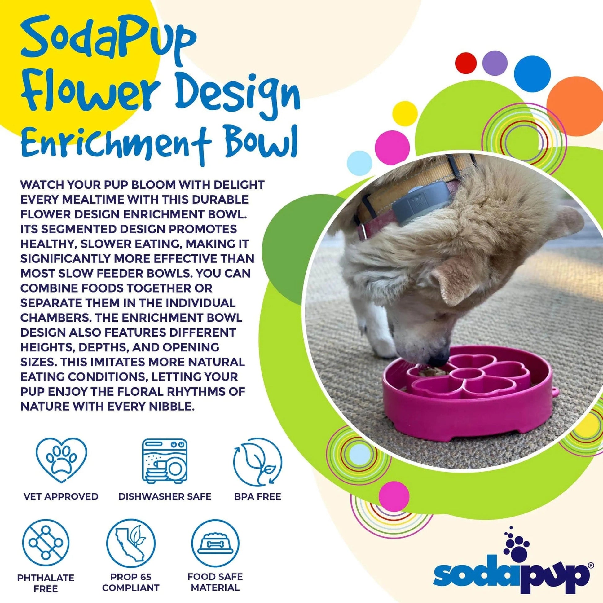 Dog eating from pink SodaPup flower enrichment slow feeder bowl