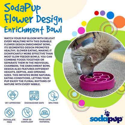 Dog eating from pink SodaPup flower enrichment slow feeder bowl