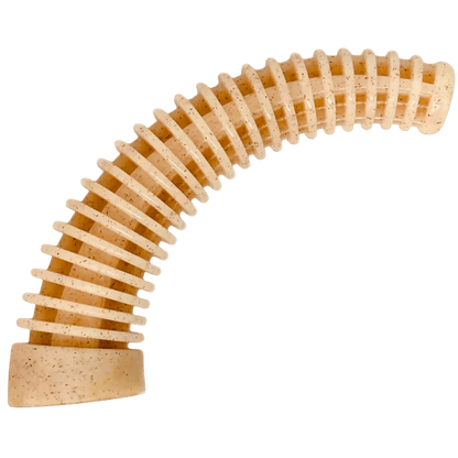 Light beige curved nylon dental antler chew toy with horizontal ridges