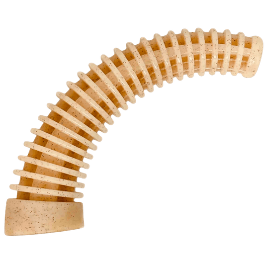 Light beige curved nylon dental antler chew toy with horizontal ridges