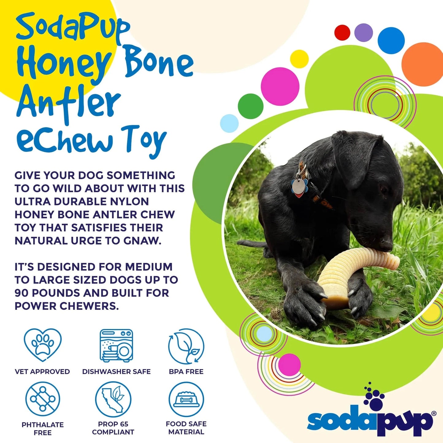 SodaPup Flufflehorn Nylon Dental Antler for power chewers with black dog