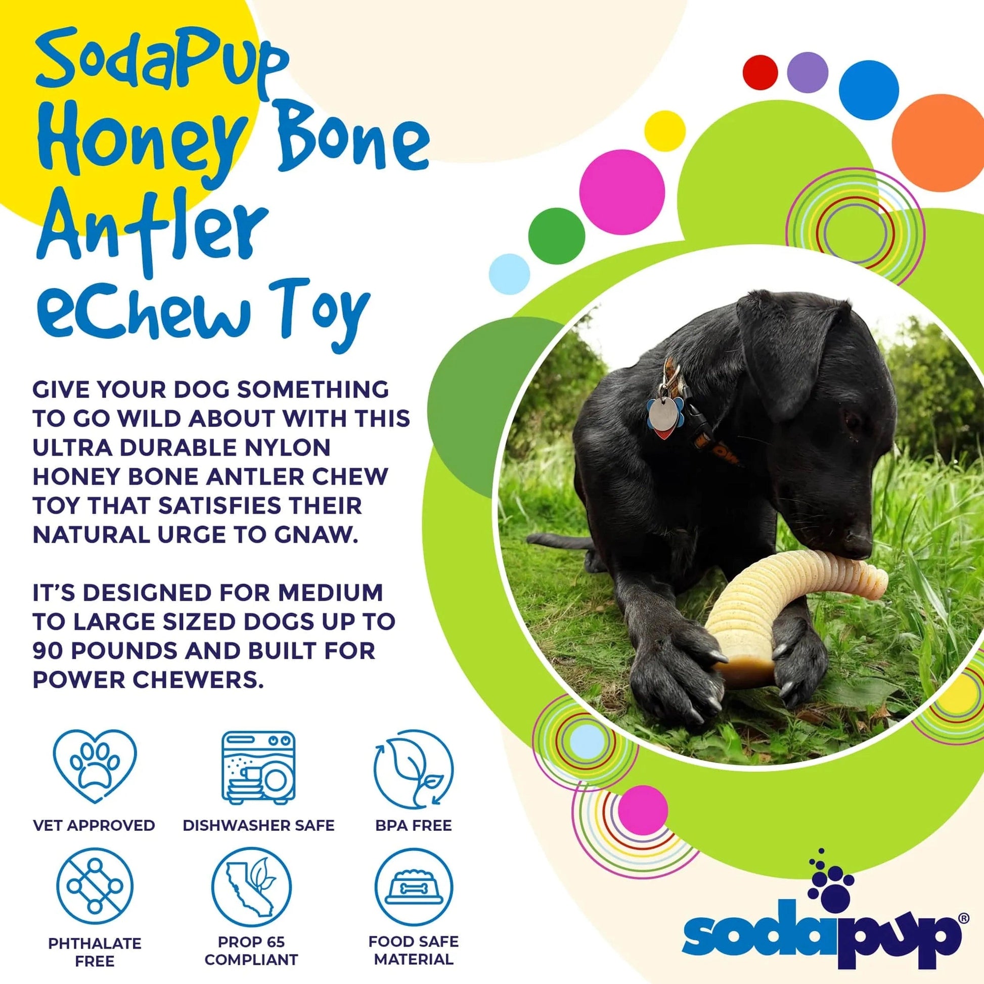 SodaPup Flufflehorn Nylon Dental Antler for power chewers with black dog