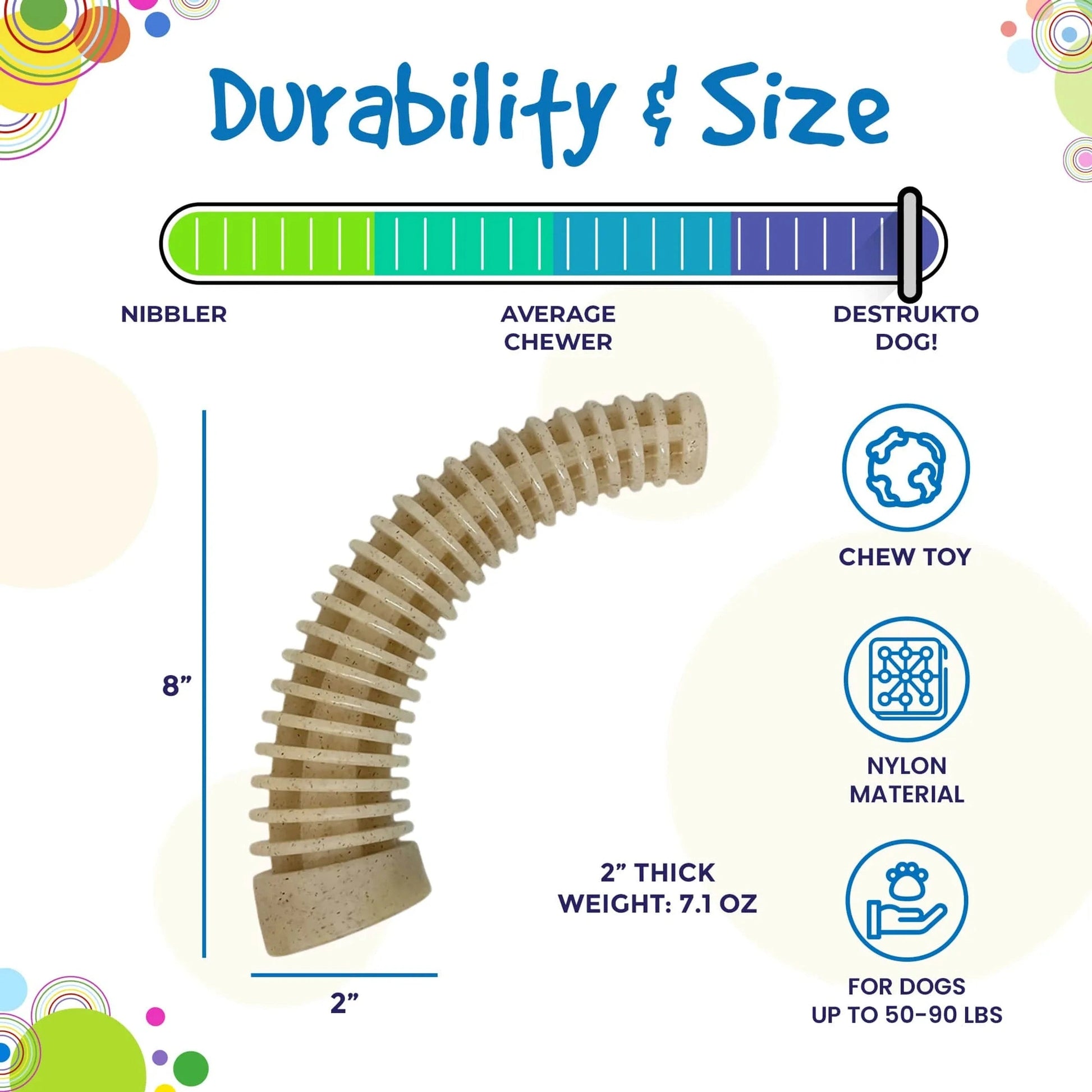 XL SodaPup nylon antler size chart for dogs 50-90 lbs showing durability