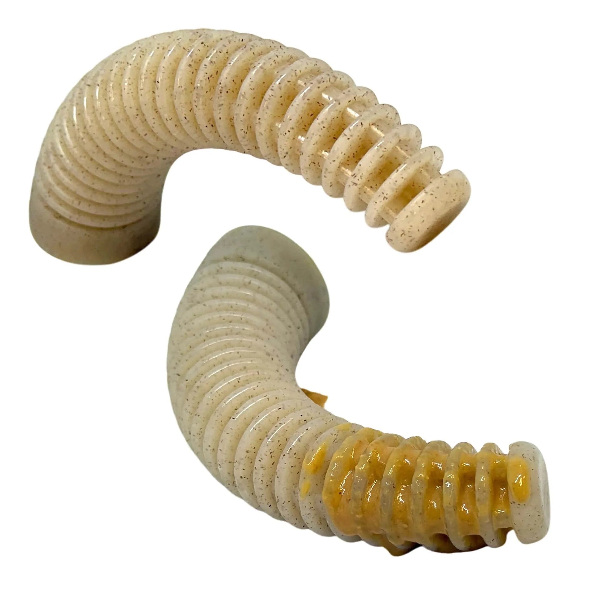 Beige ribbed nylon antler toy with treat filling and textured speckles