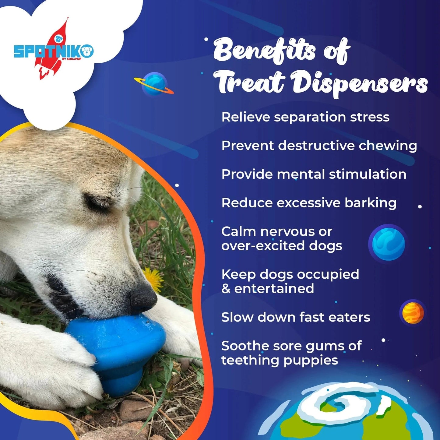 Infographic showing blue UFO dog toy benefits for mental stimulation