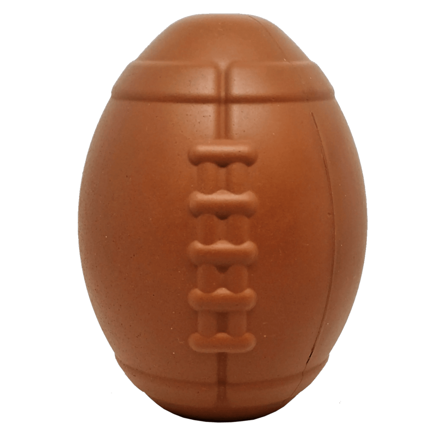 Brown natural rubber football dog toy with embossed lacing details
