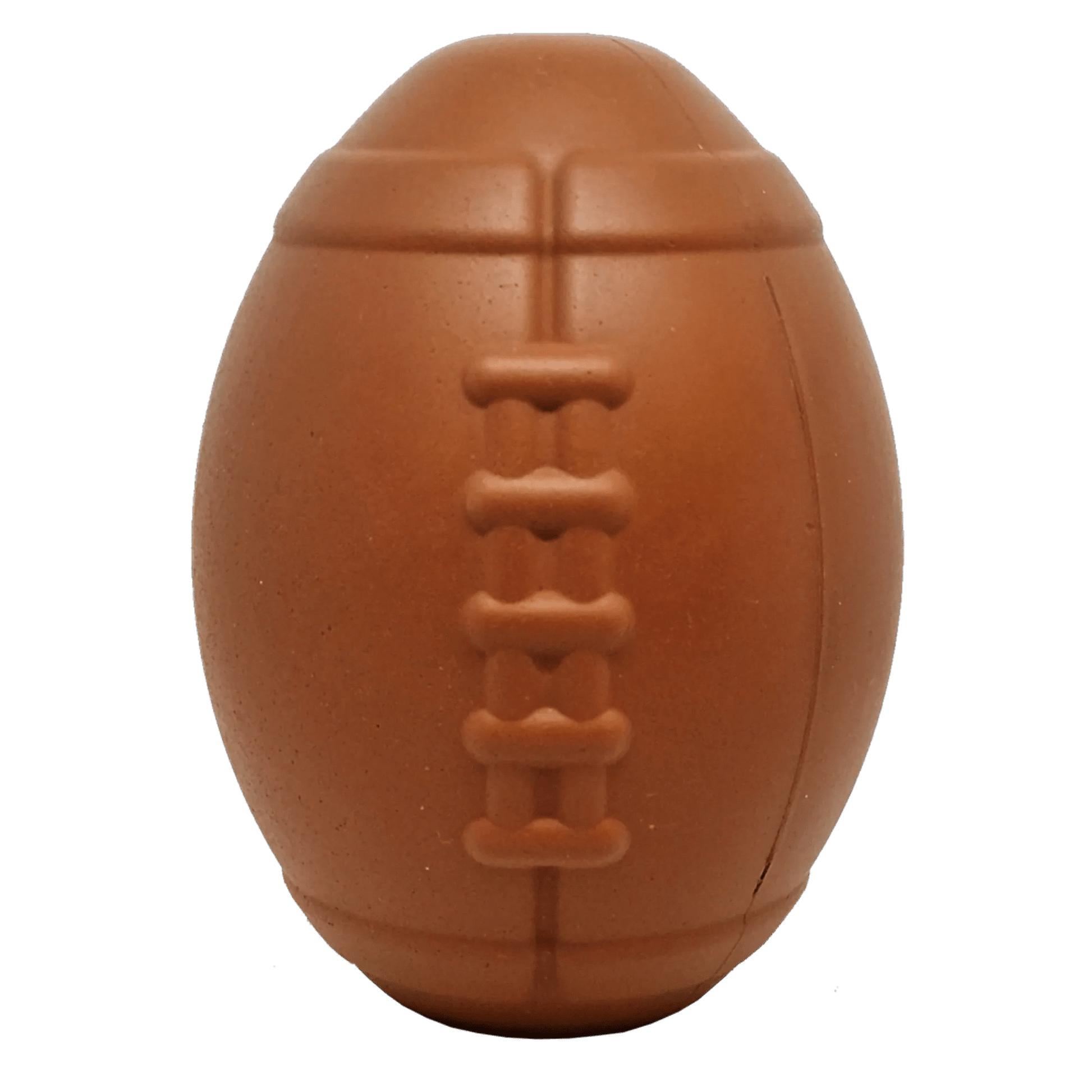 Brown natural rubber football dog toy with embossed lacing details