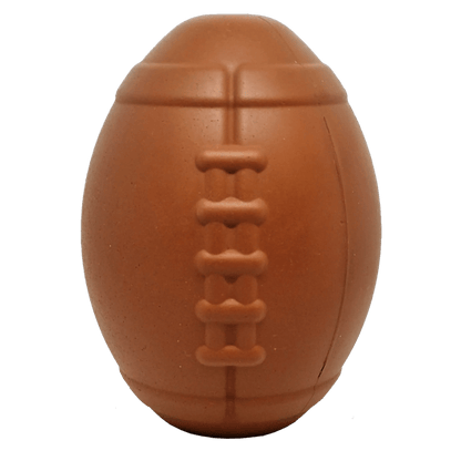 Brown natural rubber football dog toy with embossed lacing details