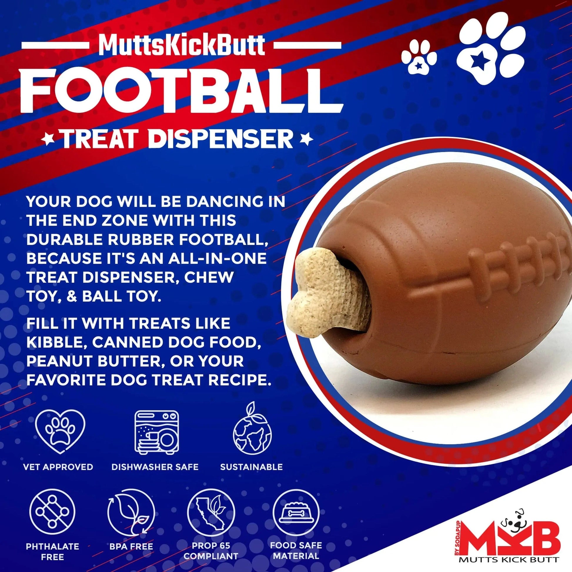 SodaPup brown football rubber treat dispenser with bone treat for dogs