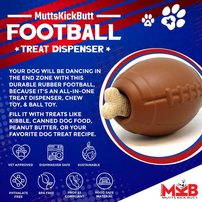SodaPup brown football rubber treat dispenser with bone treat for dogs