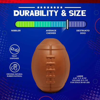 Large 4.25 inch durable natural rubber football treat dispenser for 30-60 lb dogs