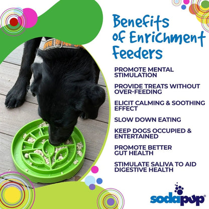 Dog using green flower pattern slow feeder for mental stimulation