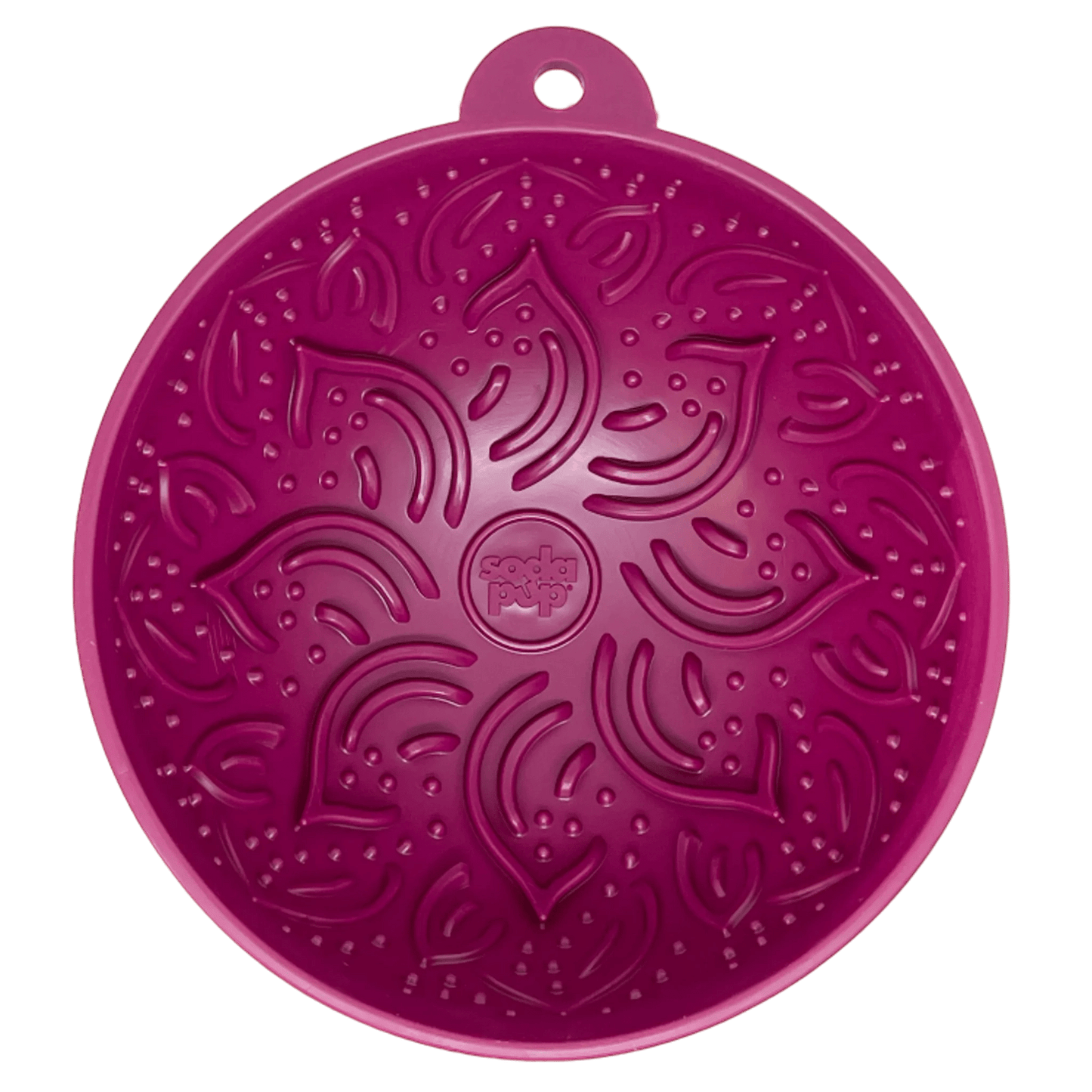 Magenta circular silicone lick mat featuring embossed leaf patterns and central logo