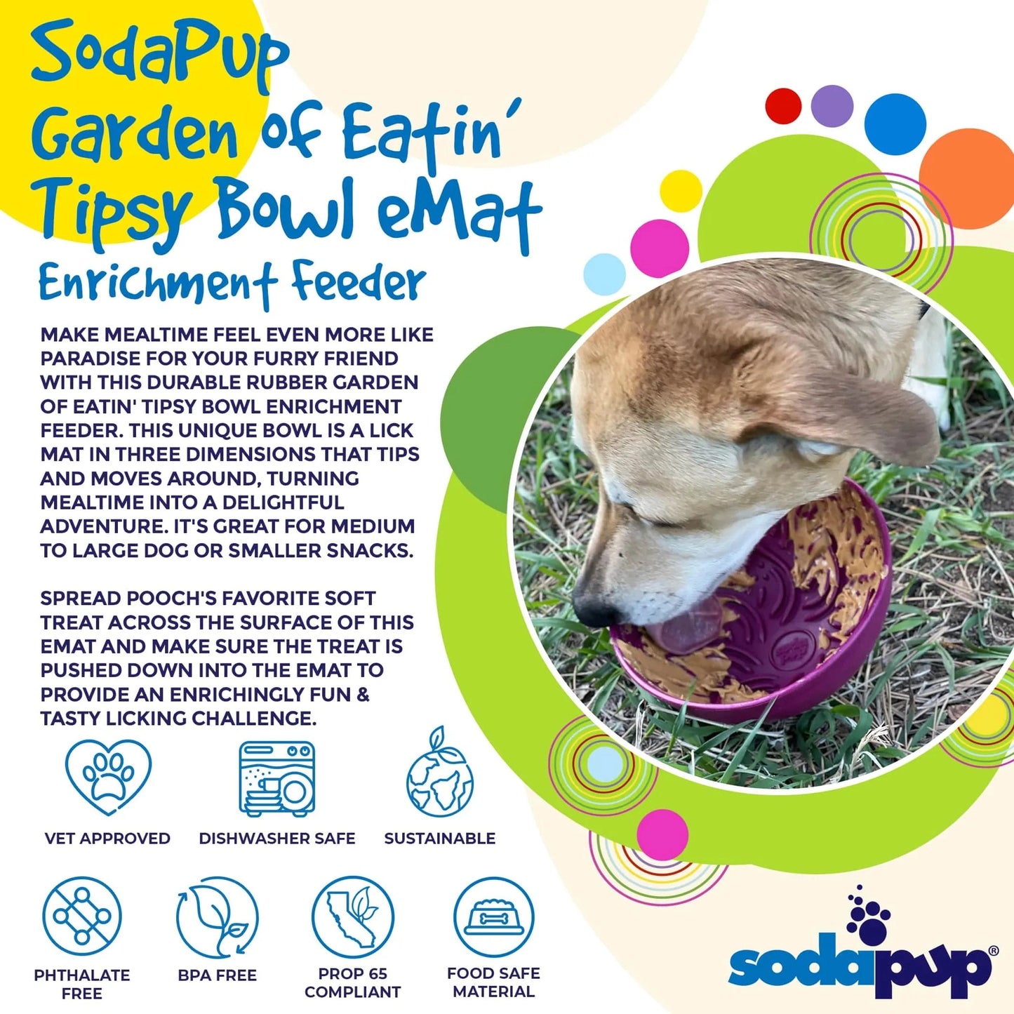 Dog licking peanut butter from purple SodaPup wobble bowl on grass with vet approved icons