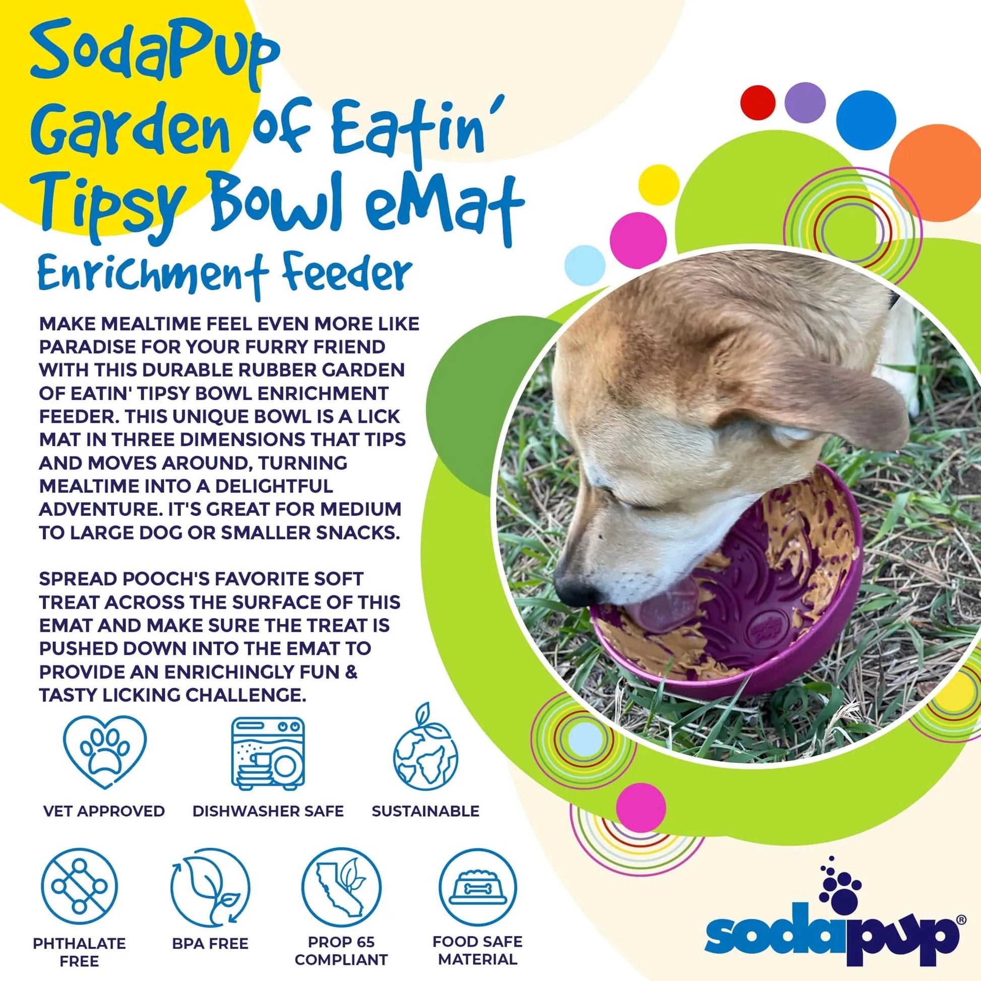 Dog licking peanut butter from purple SodaPup wobble bowl on grass with vet approved icons