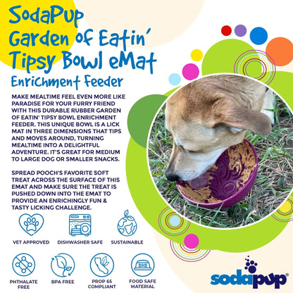Dog licking peanut butter from purple SodaPup wobble bowl on grass with vet approved icons