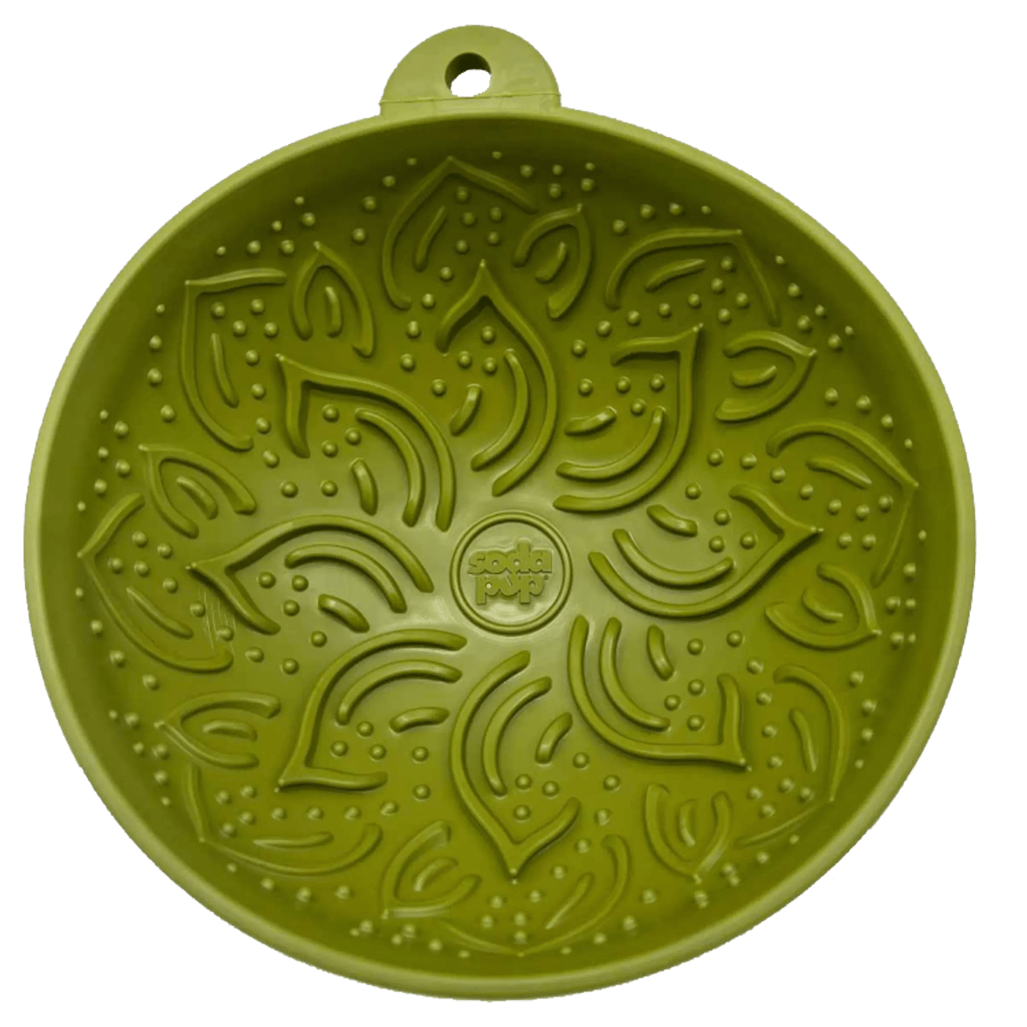 Olive green Silicone wobble lick mat with textured garden design for dog enrichment