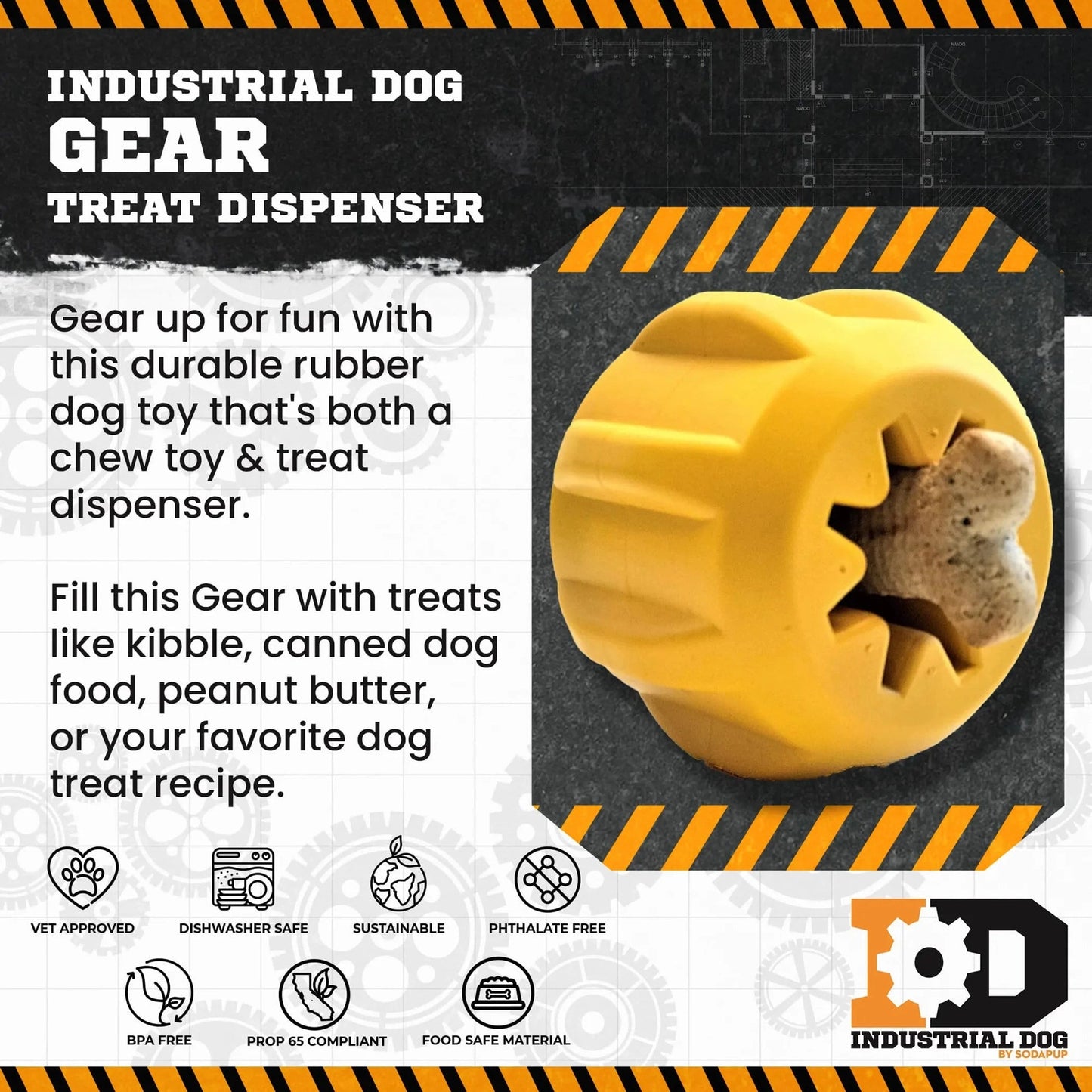 Industrial Dog Gear treat dispenser showing BPA free and dishwasher safe features