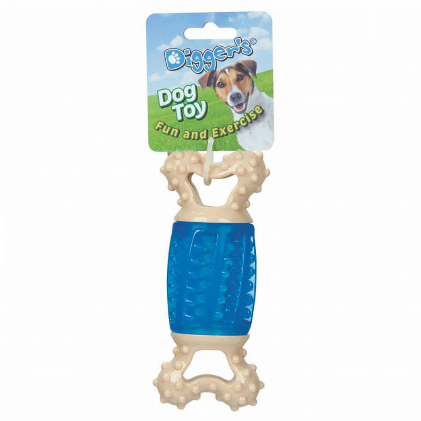Digger's Giggle Bone dog toy with beige textured handle and translucent blue ridged body for mental enrichment