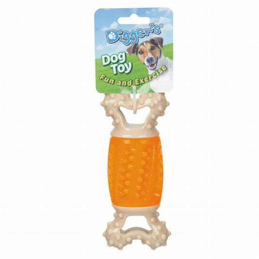 Digger's Giggle Bone dog toy with beige textured handle and translucent blue ridged body for mental enrichment