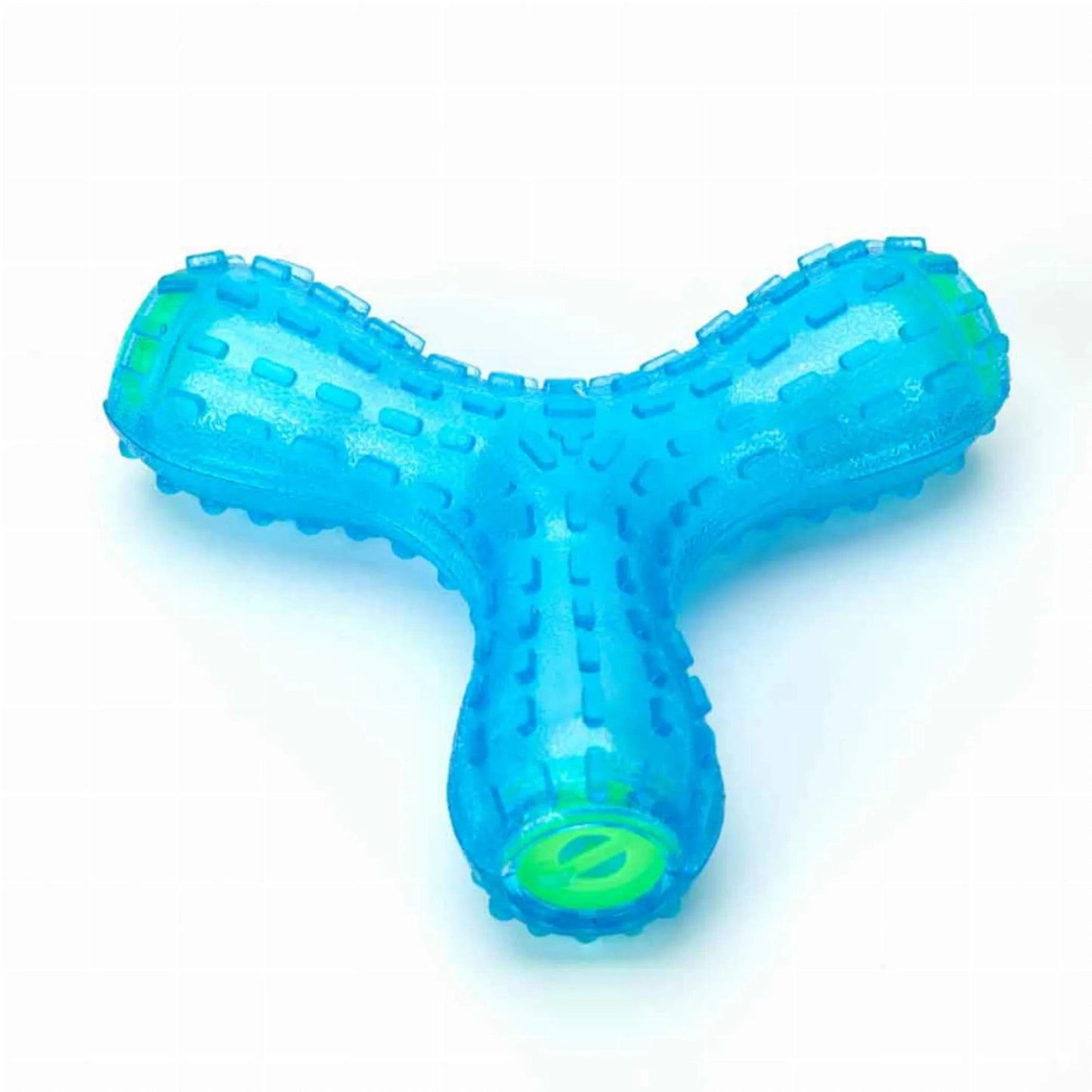 Blue translucent rubber bone dog toy with ridged texture and green insert