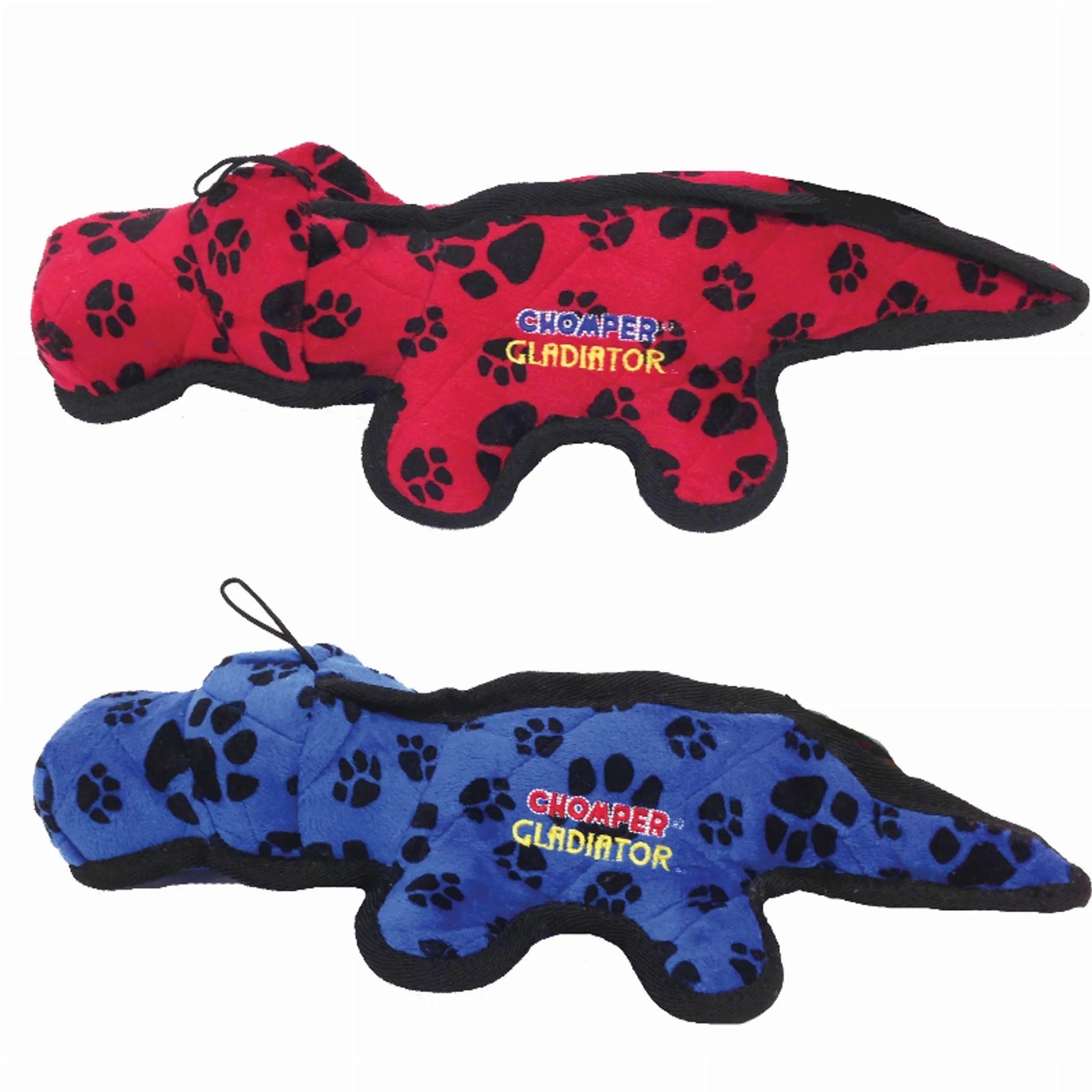 Red and blue Chomper Gladiator Tuff Alligator plush dog toys with quilted texture and embroidered logo