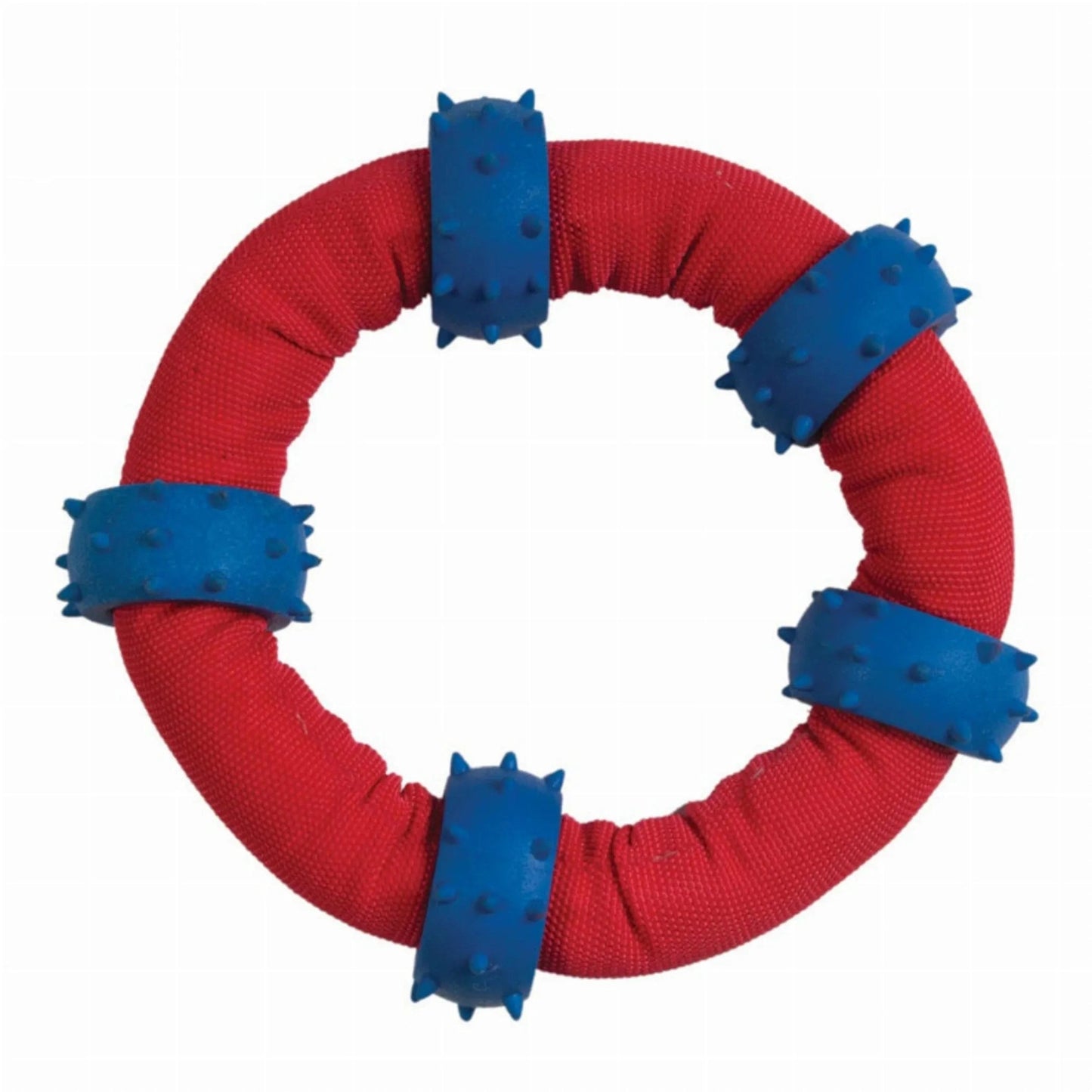 Chomper Gladiator Tuff Nylon Tossin red and blue pet toy with textured fabric and rubber nubs for mental enrichment