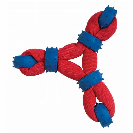 Red Chomper Gladiator Tuff Nylon Triangle Pet Toy with blue spiky rubber rings for dog mental enrichment