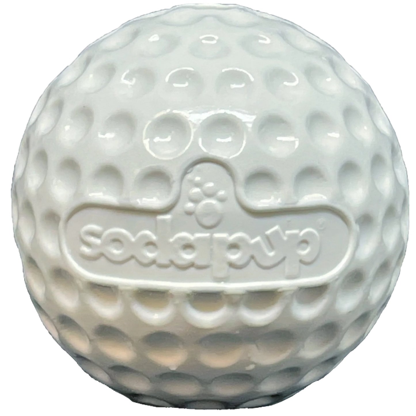 Front view of white dimpled golf ball shaped dog chew toy with embossed logo