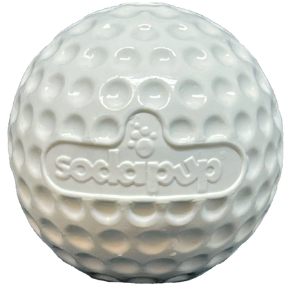 Front view of white dimpled golf ball shaped dog chew toy with embossed logo