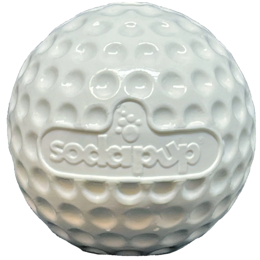 Front view of white dimpled golf ball shaped dog chew toy with embossed logo
