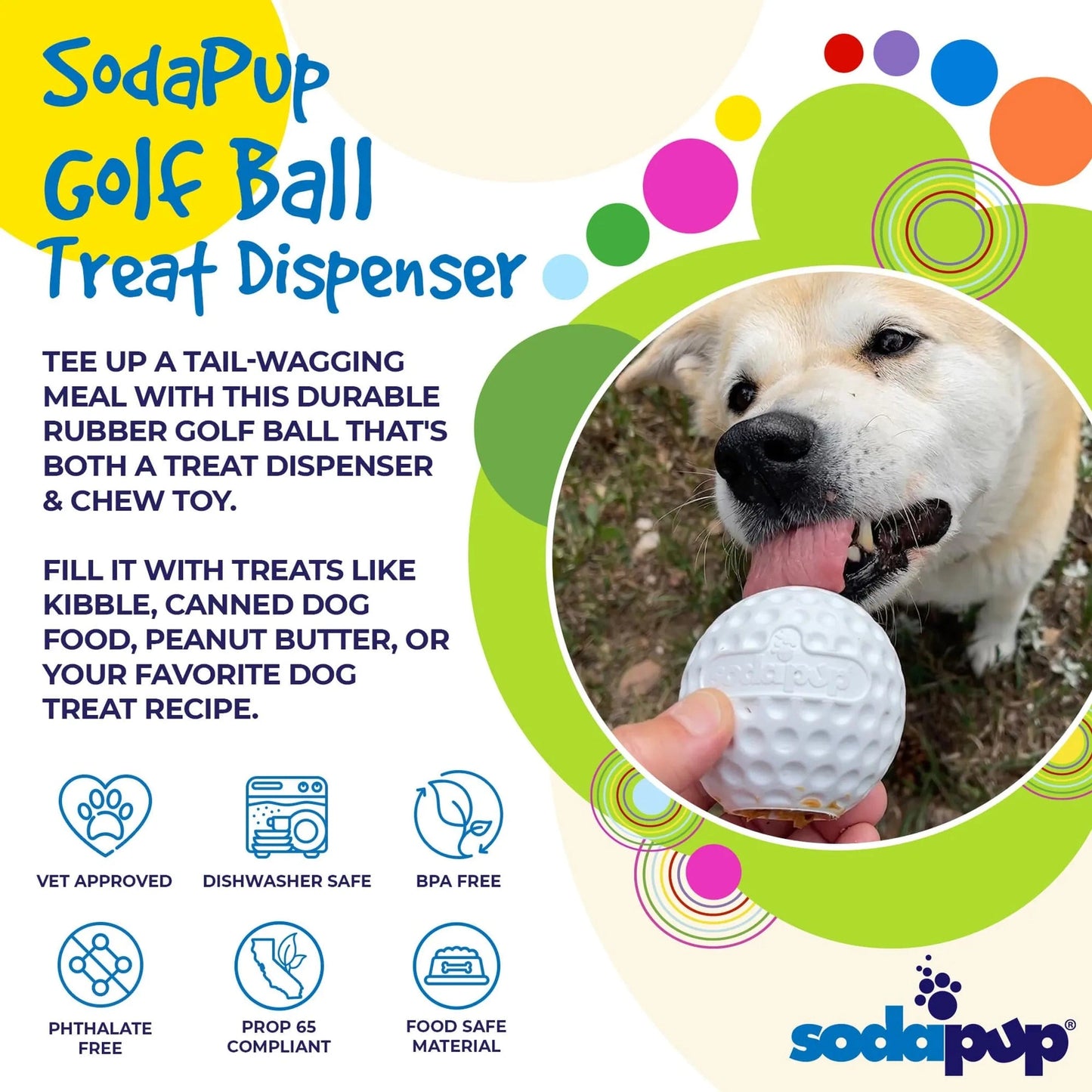 White durable rubber golf ball dog toy held in hand with dog licking treat cavity