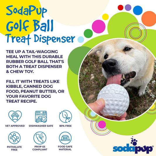 Front view of white dimpled golf ball shaped dog chew toy with embossed logo