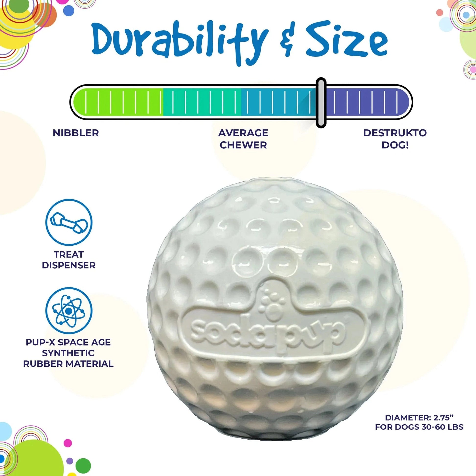SodaPup white rubber treat dispenser golf ball for average to heavy chewers 30-60 lbs