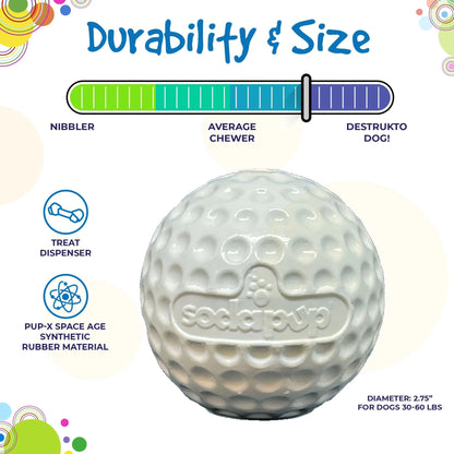 SodaPup white rubber treat dispenser golf ball for average to heavy chewers 30-60 lbs