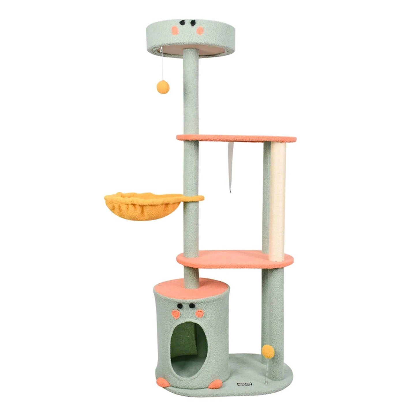 Goopaws 63-inch faux fur cat tree with green base, orange-pink platforms, hammock, hideaway, and scratching post