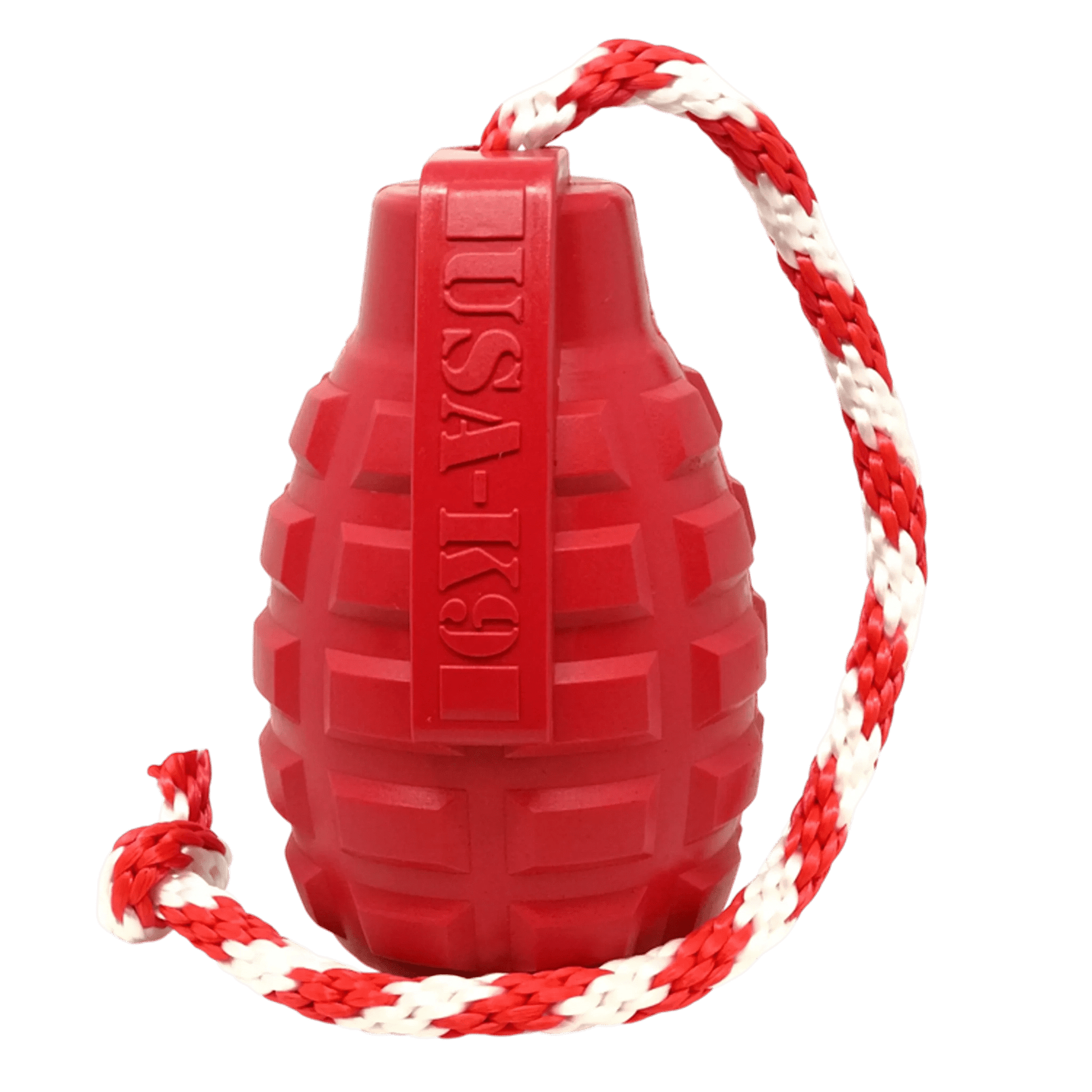 Red natural rubber grenade-shaped dog toy with textured grip and USA-K9 branding