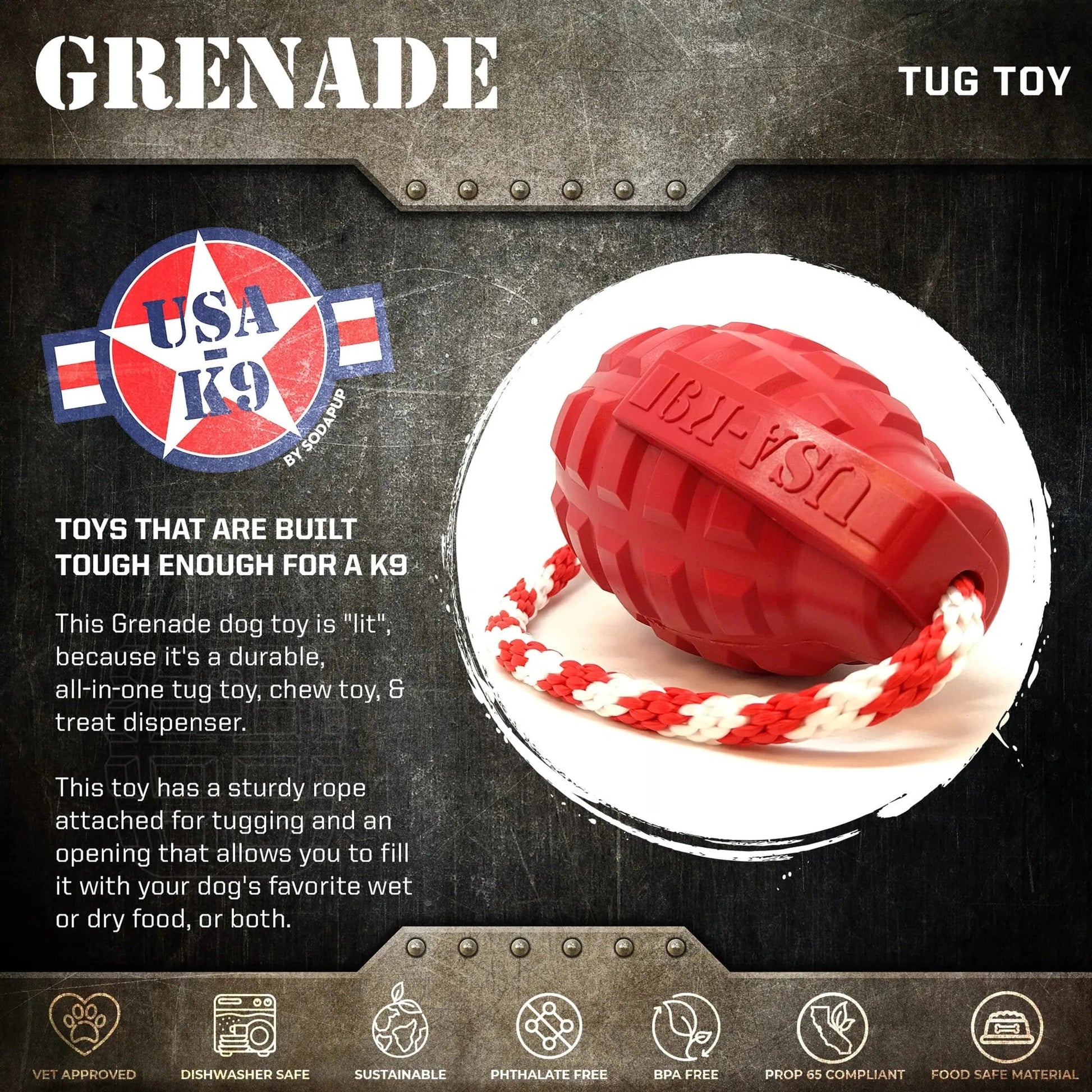 Red USA-K9 rubber grenade dog treat dispenser with braided rope and safety icons