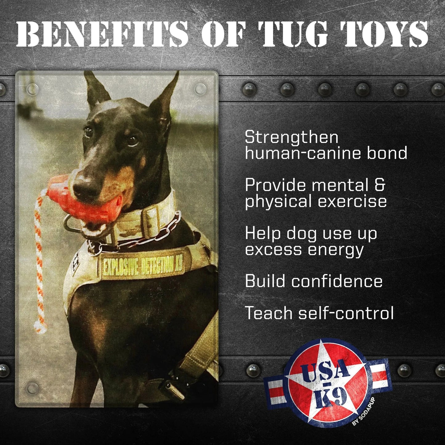 Doberman holding red SodaPup Grenade K9 tug toy with rope for heavy chewers