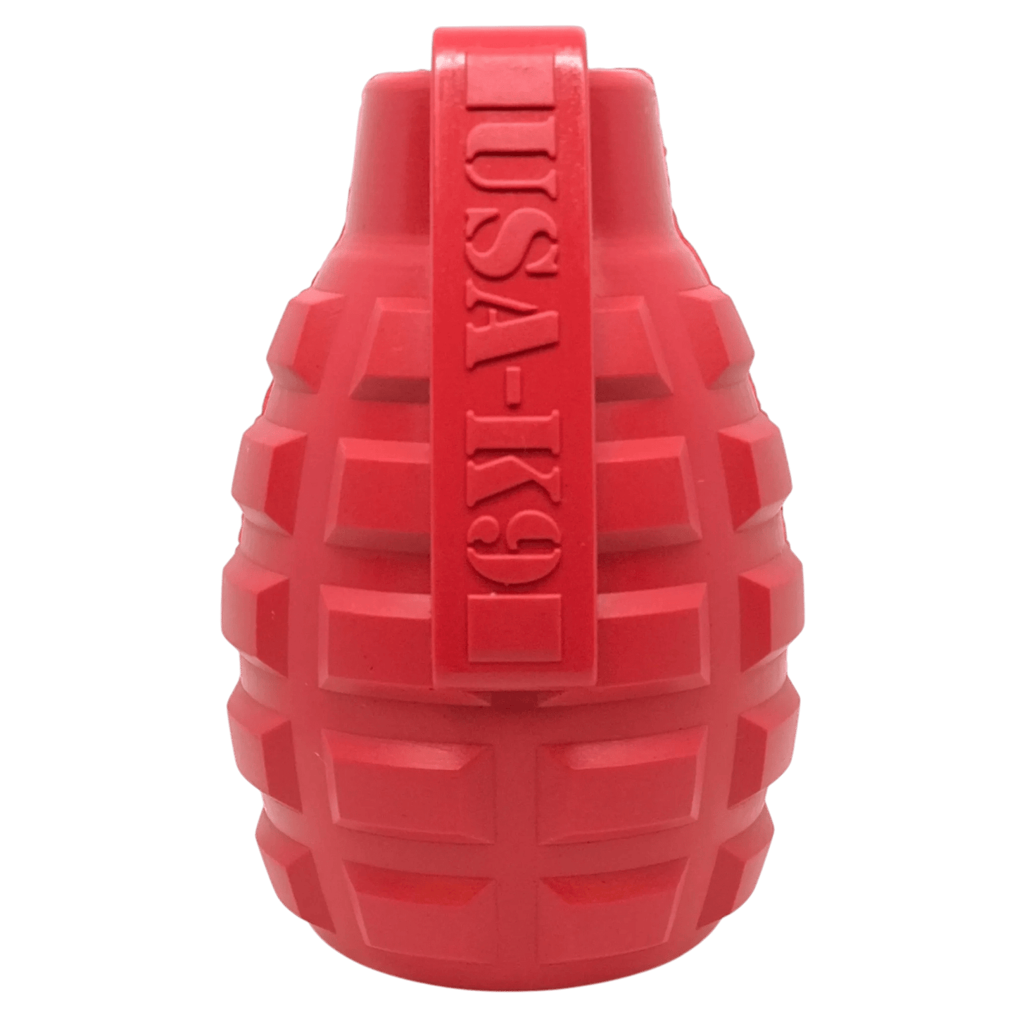 Red USA-K9 Grenade rubber treat dispenser for heavy chewers