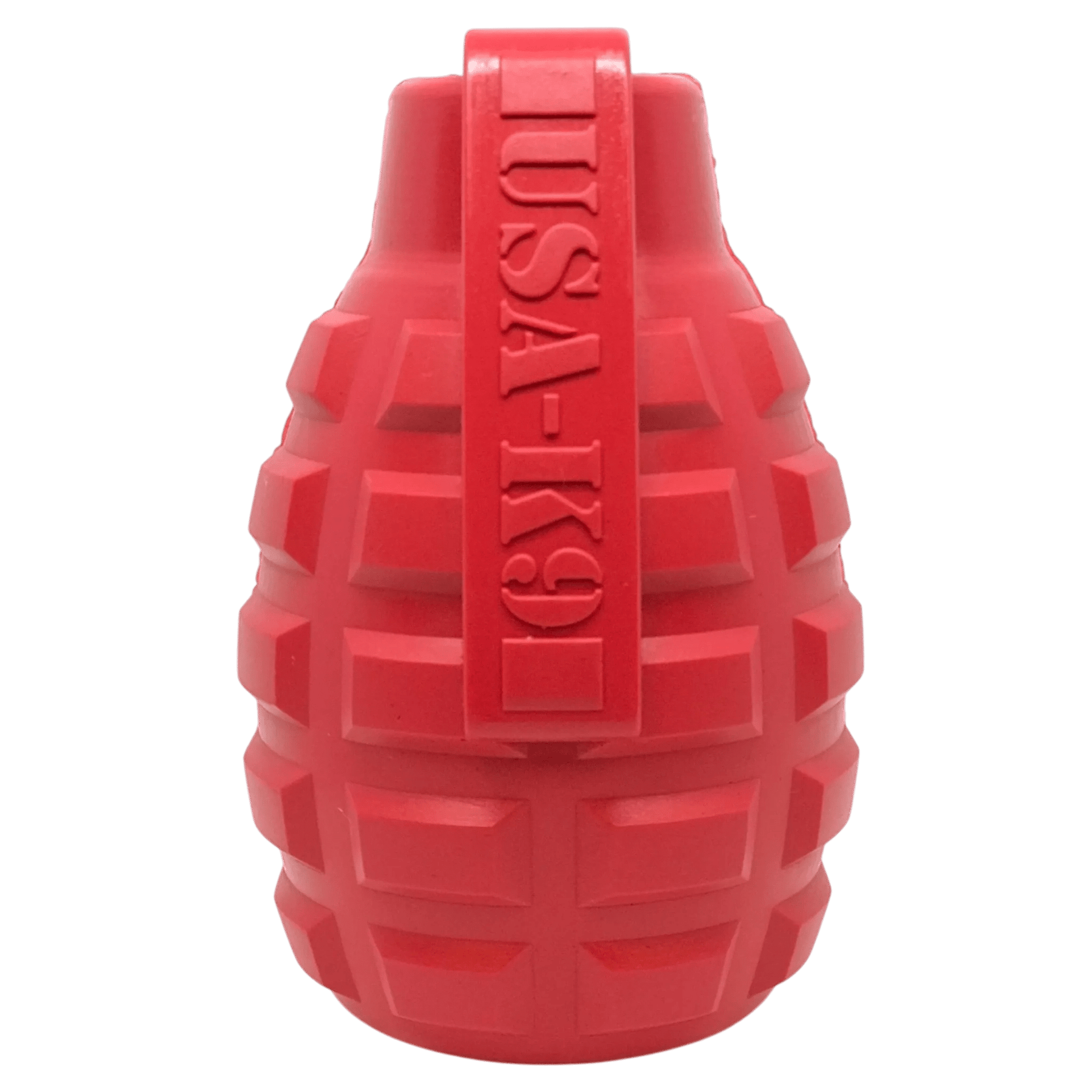 Red USA-K9 Grenade rubber treat dispenser for heavy chewers