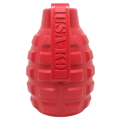 Red USA-K9 Grenade rubber treat dispenser for heavy chewers