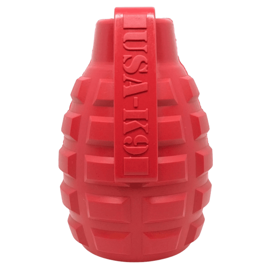 Red USA-K9 Grenade rubber treat dispenser for heavy chewers