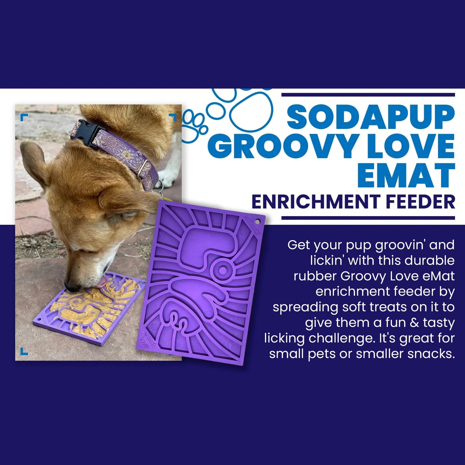 Tan dog licking purple retro style enrichment feeder lick mat outdoors