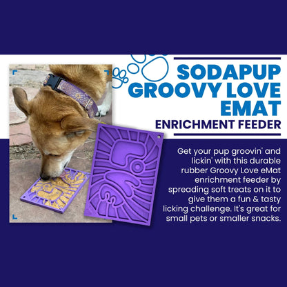 Tan dog licking purple retro style enrichment feeder lick mat outdoors