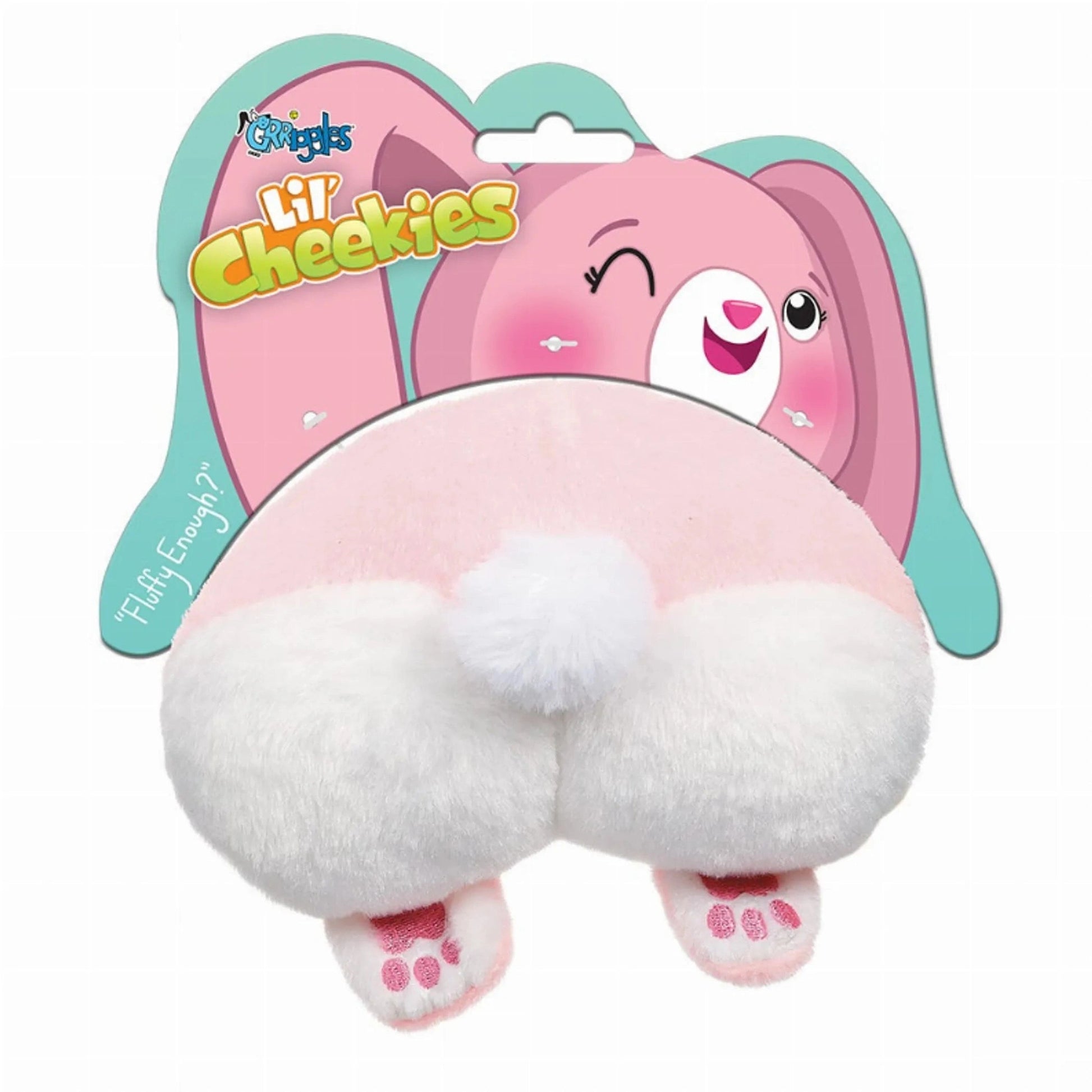 Grriggles Lil' Cheekies pink and white plush bunny dog toy with squeaker on retail packaging